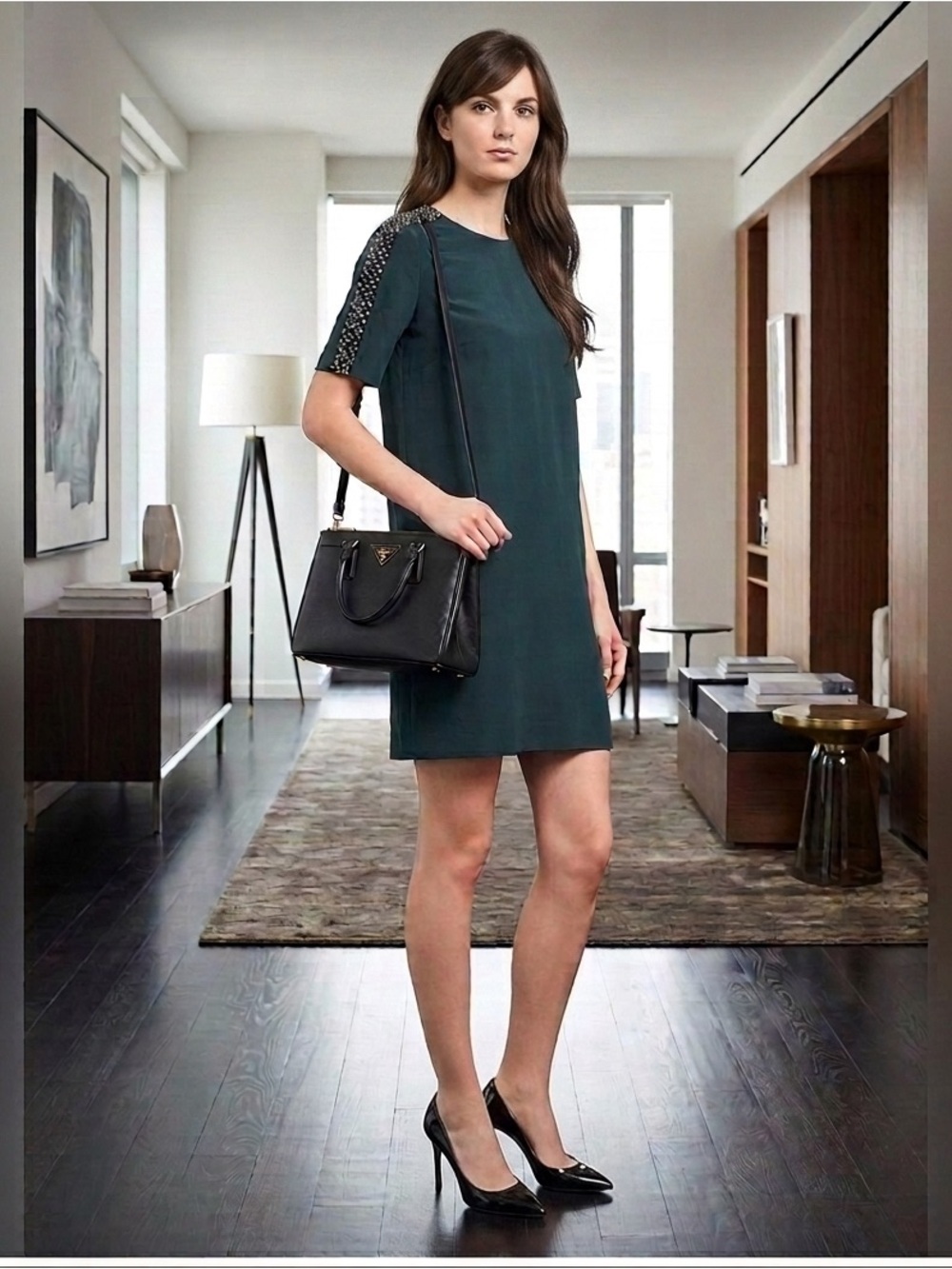 🌸Club Monaco Beaded Short Sleeve Round Neck Shift Mini Dress Moss 0
